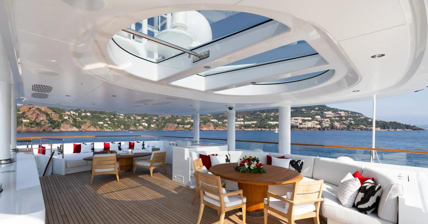 Expedition yacht Bijin sundeck with shaded seating 