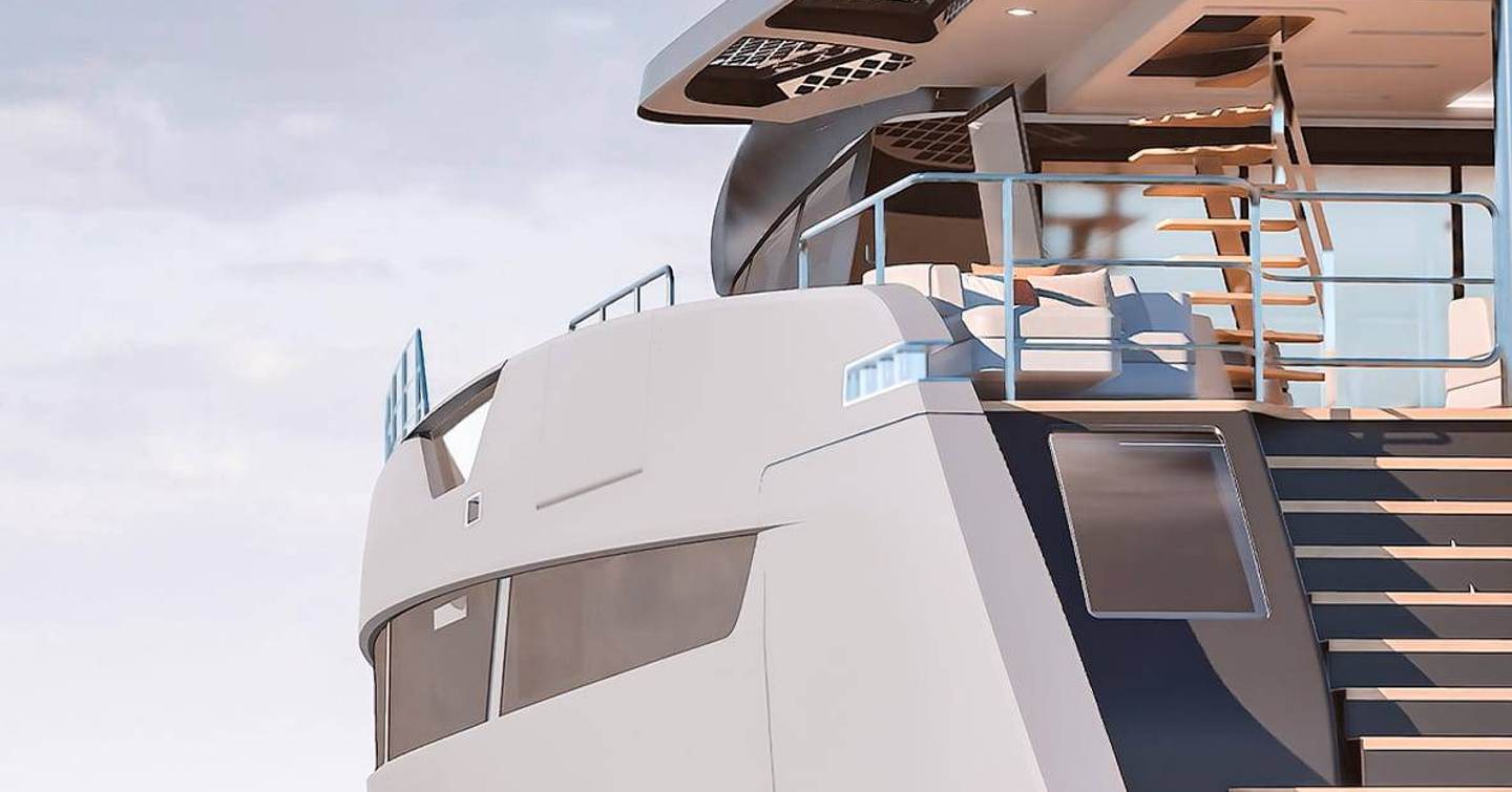 Rendering of Fountaine Pajot FPY120 catamaran stern with shaded seating and port side stairway