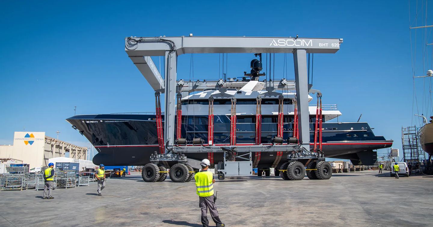 Cheoy Lee Explorer Yacht Avalon 101 on trolley on way to launch post refit 