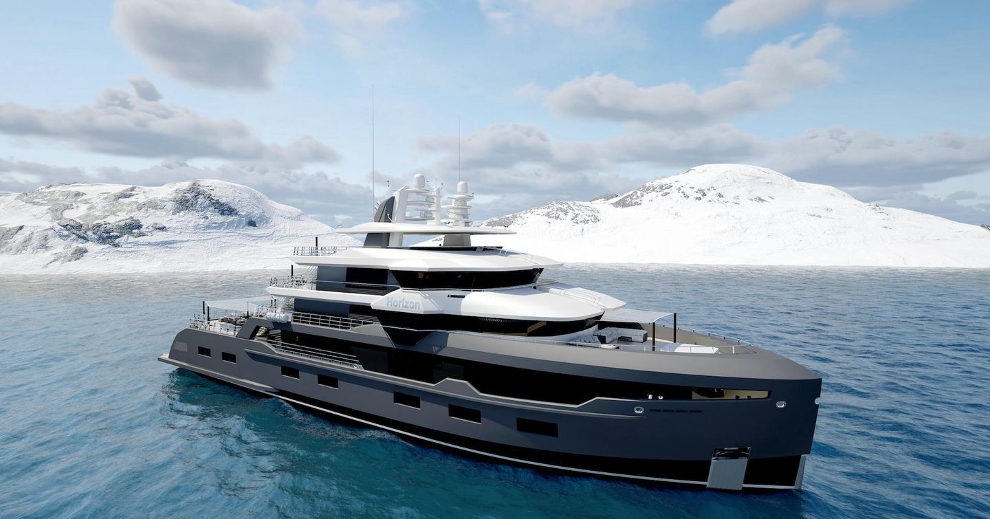 Rendering of Expedition Yacht Horizon in front of snowy mountains