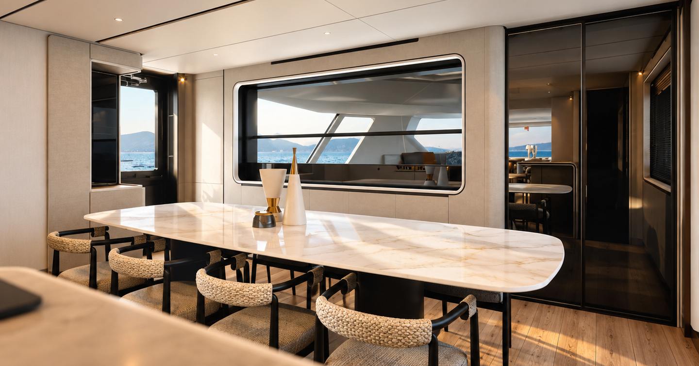 Rendering of Ferretti INFYNITO 100 Superyacht salon dining are with marbled table 