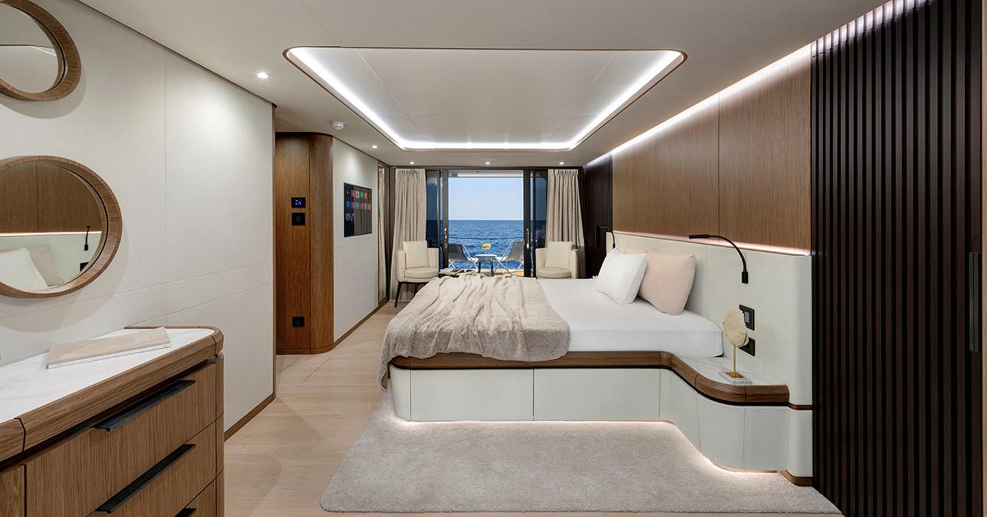 Lazzara LPC 300 catamaran owners cabin with balcony  