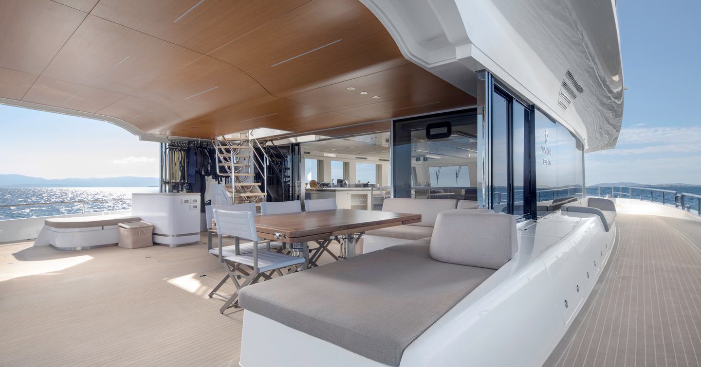 Catamaran GloriaMaris aft deck with glass sliding doors