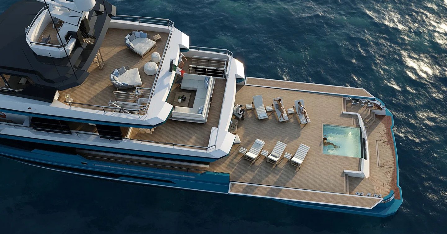 The 40 Crossover's main deck aft has a pool and six sun loungers.