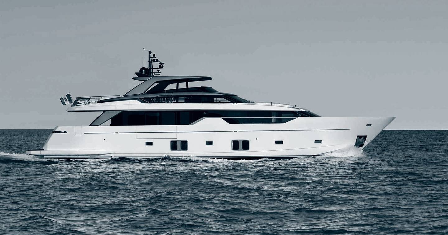 SL106 Asymmetric motor yacht under way 