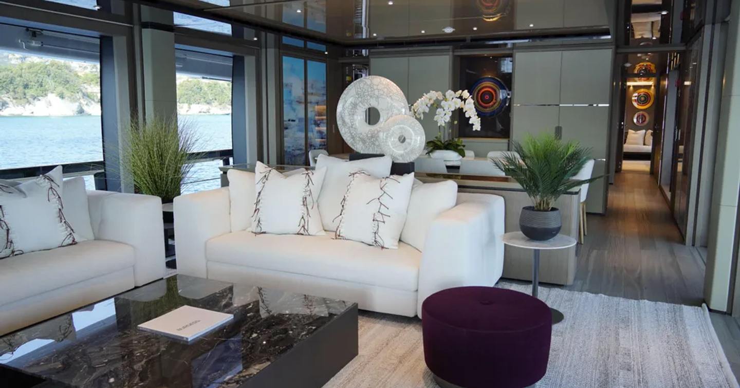 Motor Yacht Sodan's main saloon with cream furniture