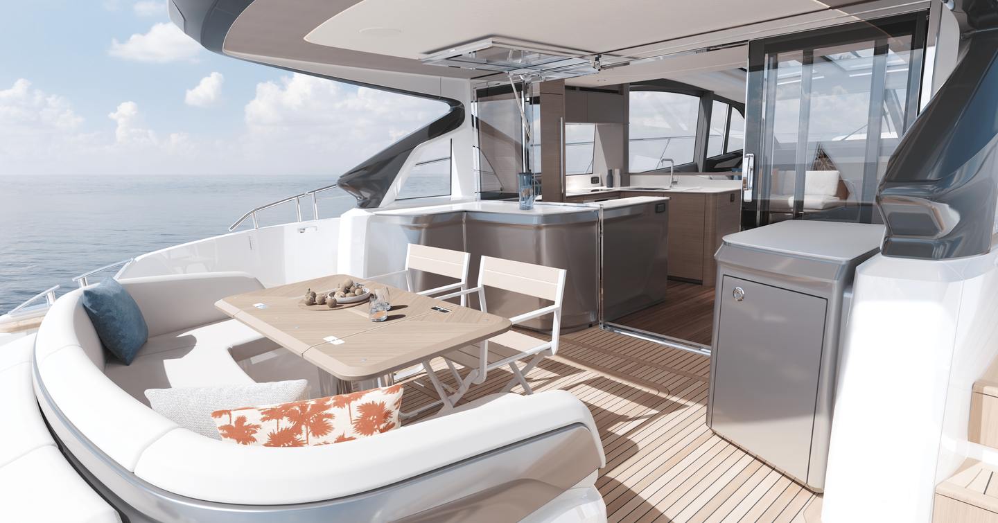 Rendering of Princess V65 motor yacht aft deck alfresco dining