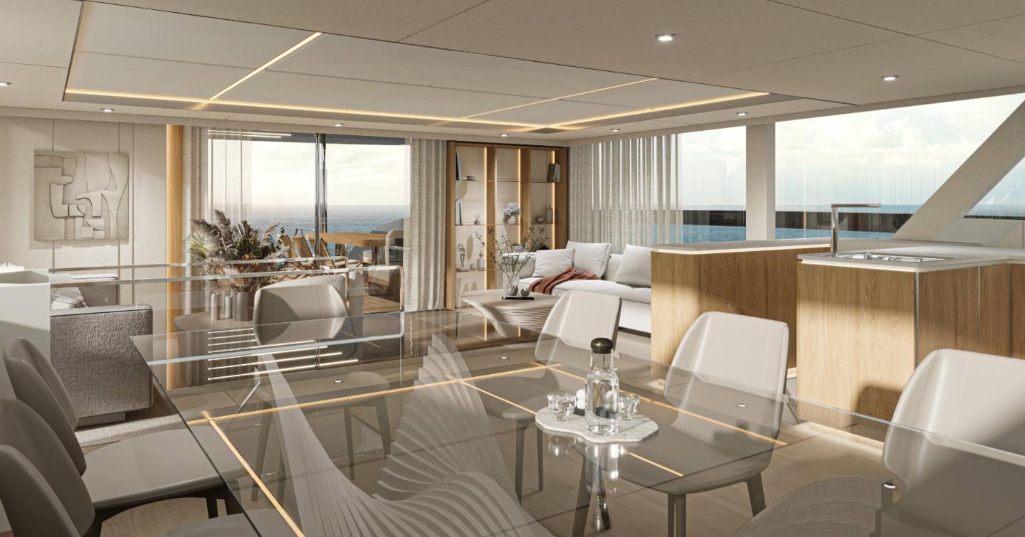 Rendering of Sunreef 88 Ultima catamaran main saloon with glass table
