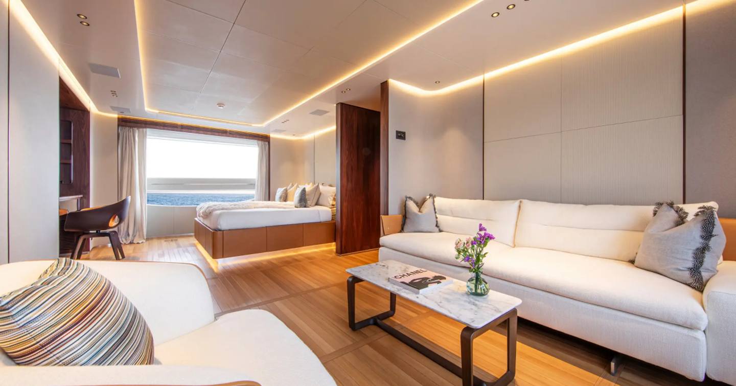 Superyacht Tosun master cabin with seperate seating area