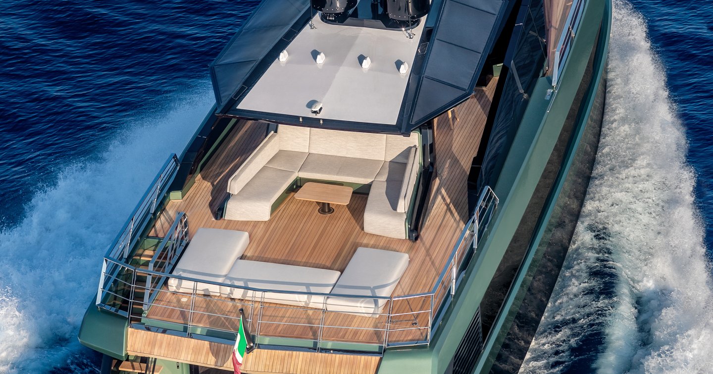 Aerial view of wallywhy150 motor yacht sundeck with U-shaped seating and sunpads