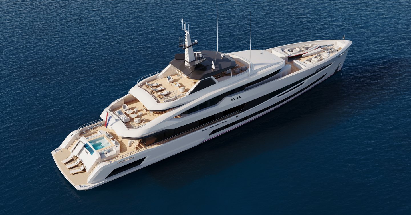 Aerial rendering of superyacht Project Evita under way