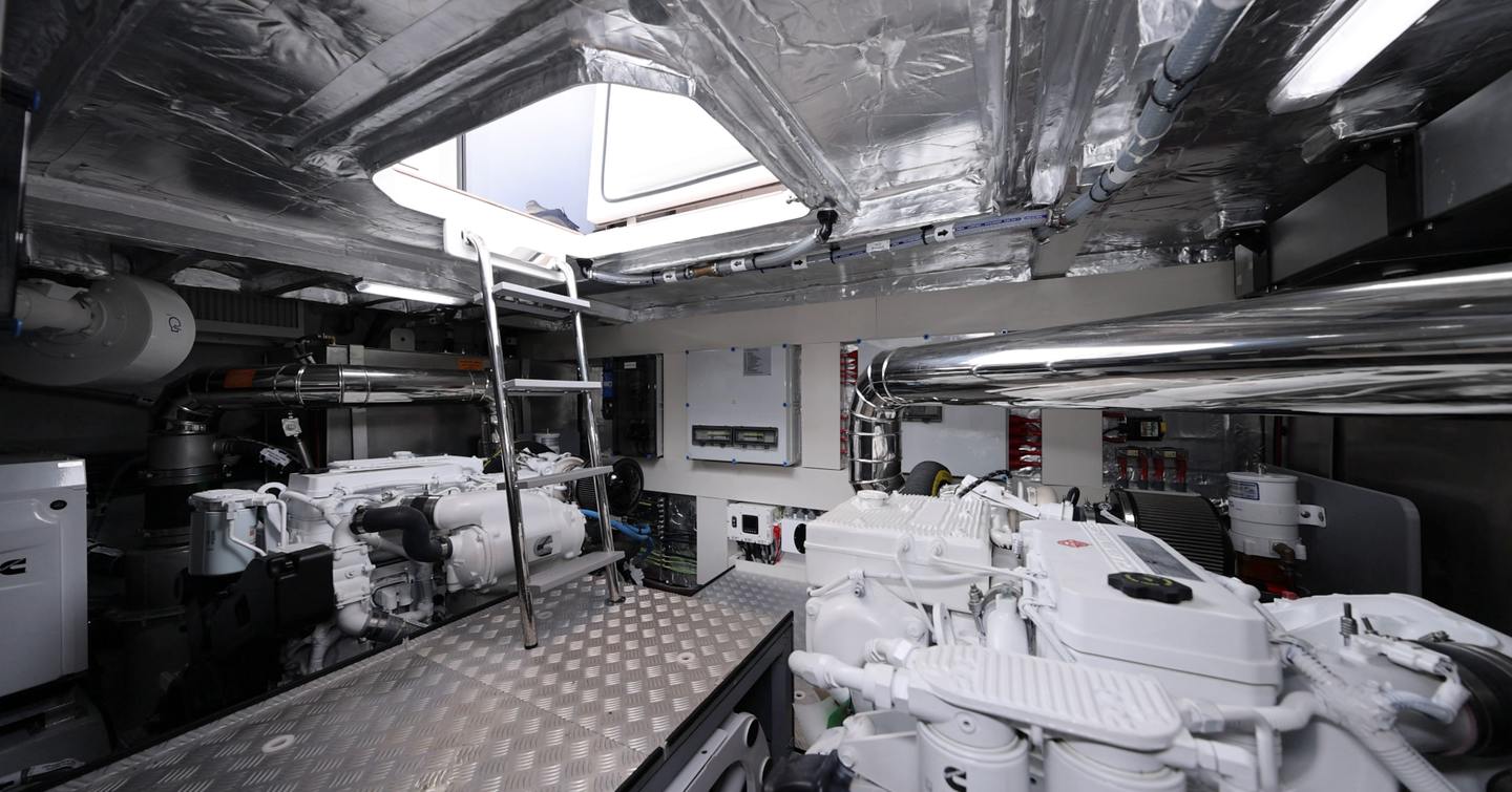 Sirena 48 engine room with twin 550hp Cummins QSB 6.7 diesels