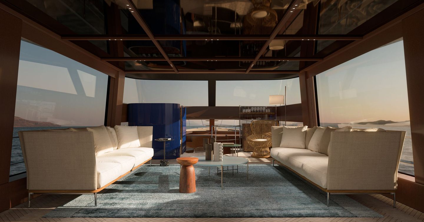 Rendering of Sanlorenzo SHE motor yacht main saloon with white furniture and glass coffee table