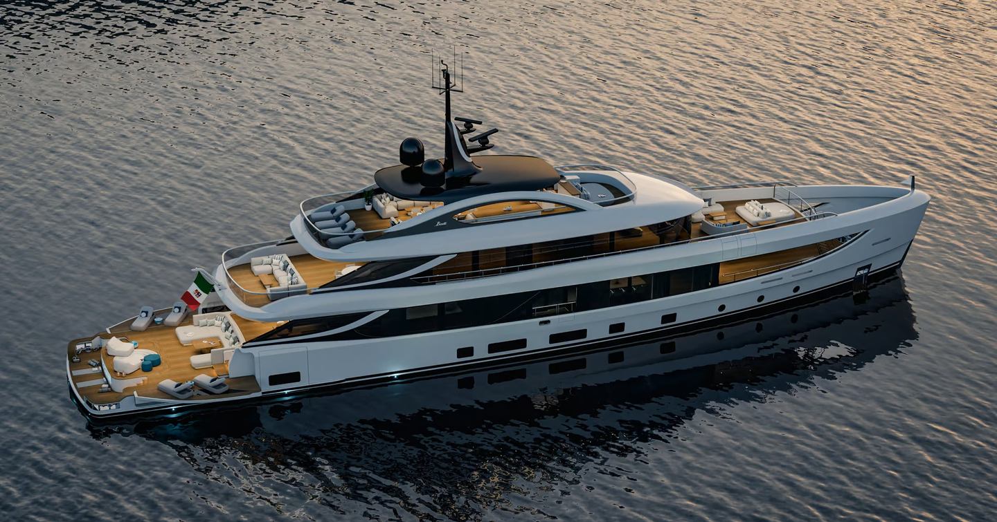 Rendering of Benetti B.Now 52M superyacht at anchor 