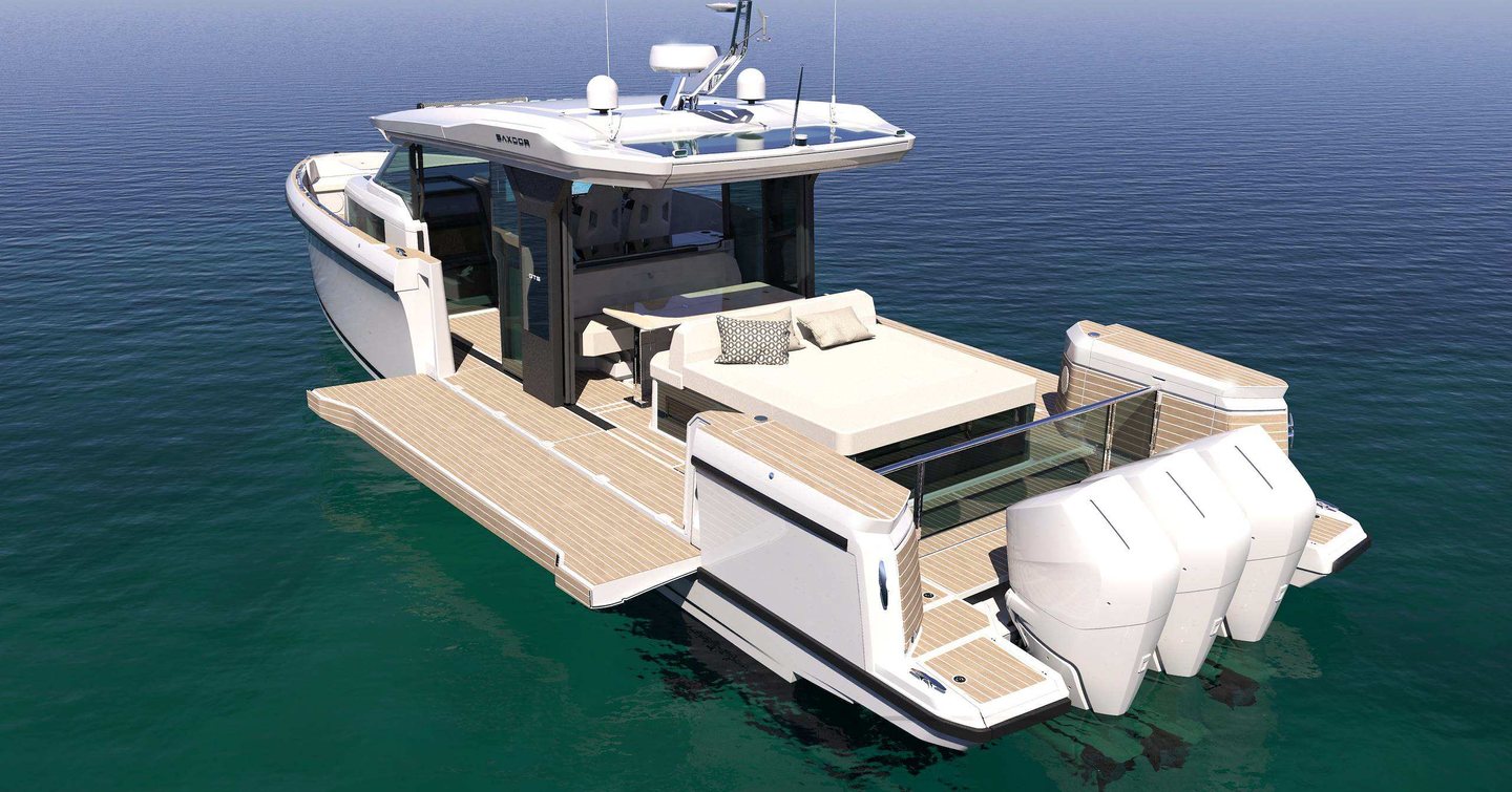 Rendering of Saxdor 460 GTS motor yacht at anchor with fold out terrace