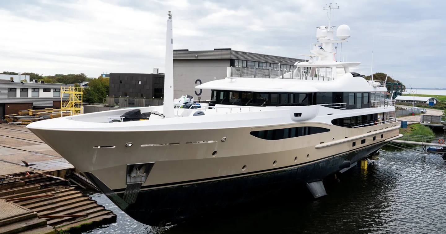 Amels superyacht Amigos at shipyard bow view 