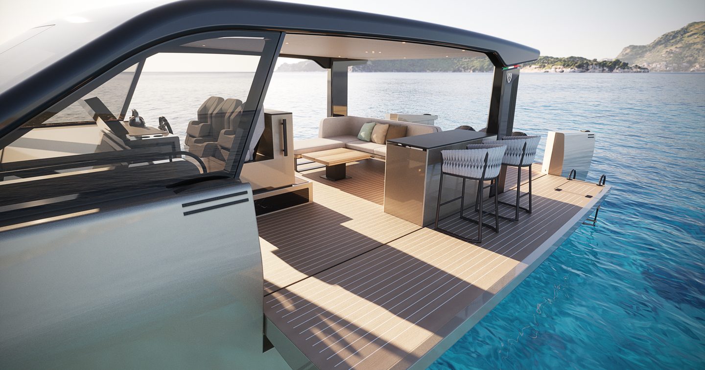 Rendering of Forte 47 boat port side with fold down balcony 