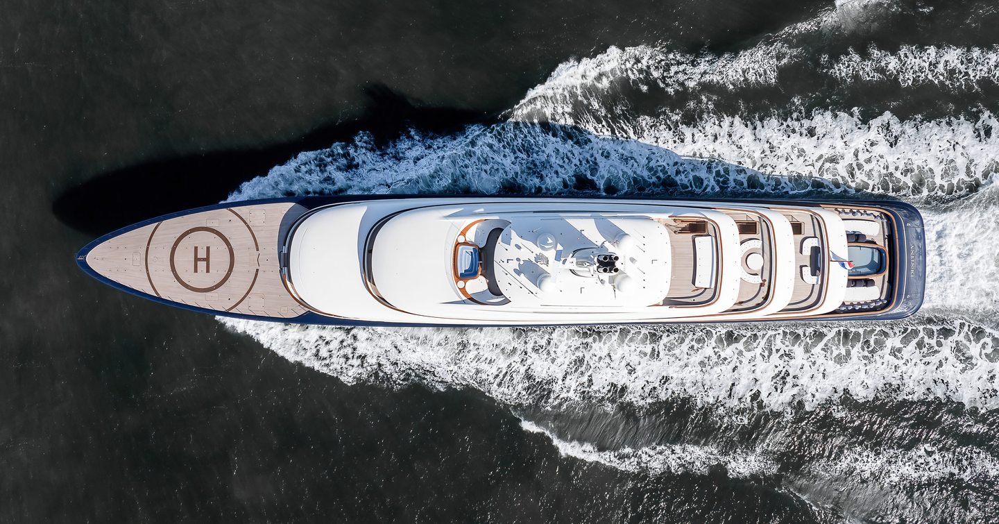 Aerial view of superyacht Destiny under way 