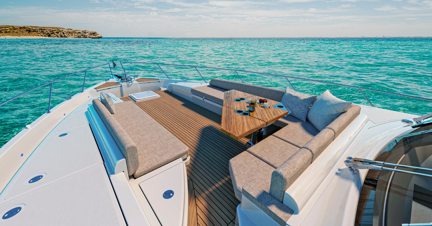 Rendering of Riviera 735 SUV motor yacht foredeck with integrated grey seating