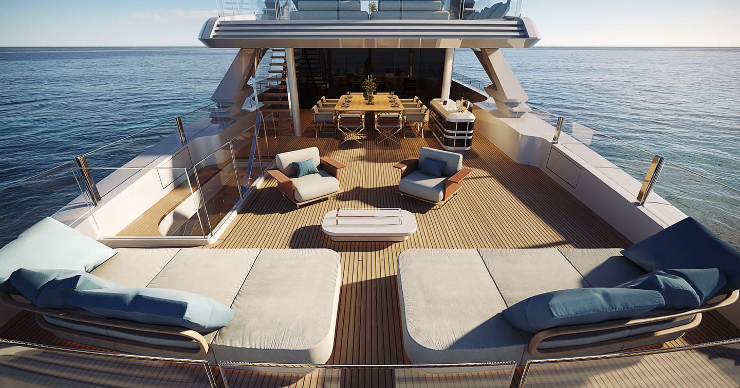 Rendering of Maiora M|53 superyacht aft deck with sunpads and shaded alfresco dining