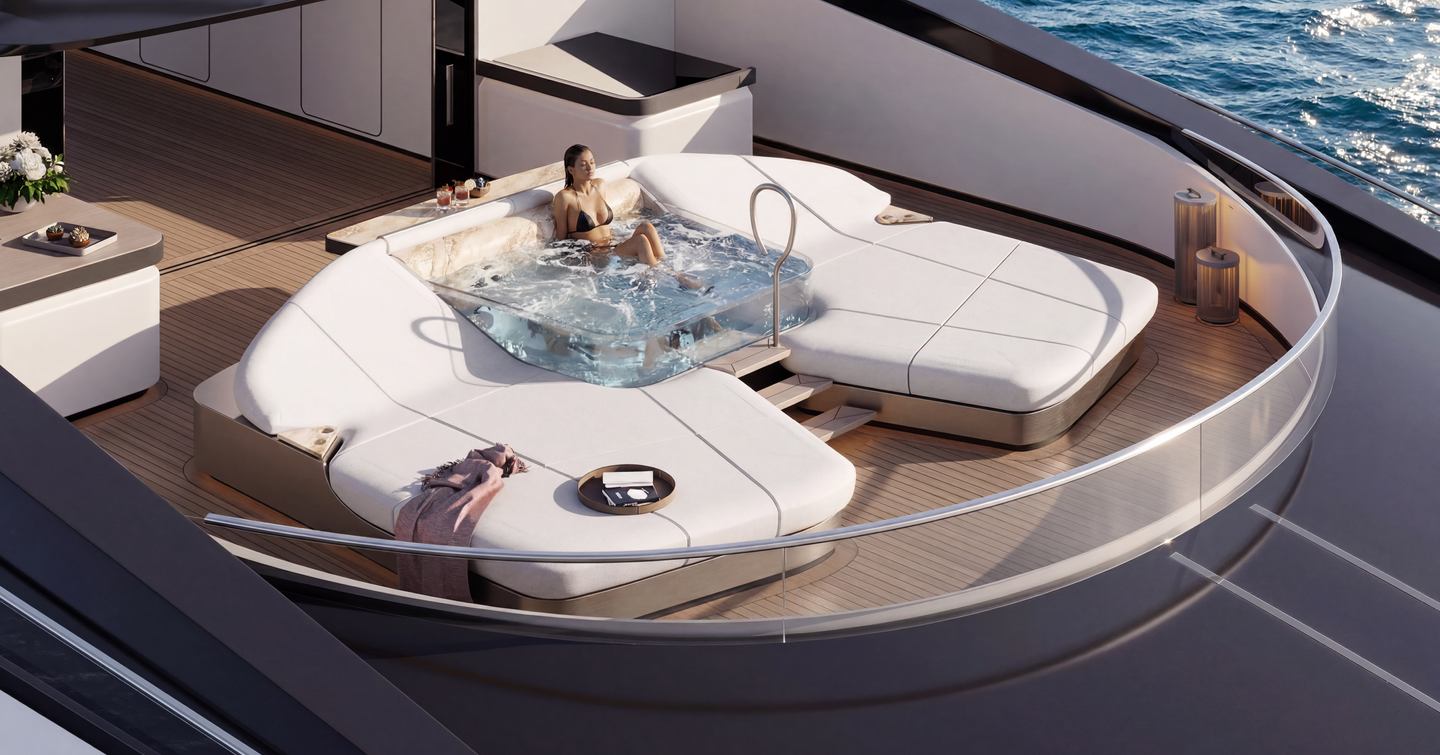 Rendering of ISA Large Yacht Collection Essence 82m superyacht upper foredeck with woman in jacuzzi with surrounding sunpads