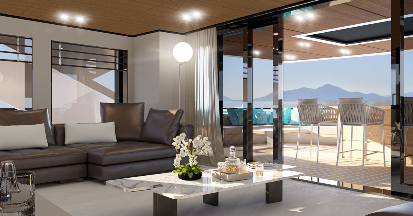 Image of aft area of WiderCat 92 main salon, brown seating surrounds a low coffee table adjacent to full length floor to ceiling sliding door to exterior.