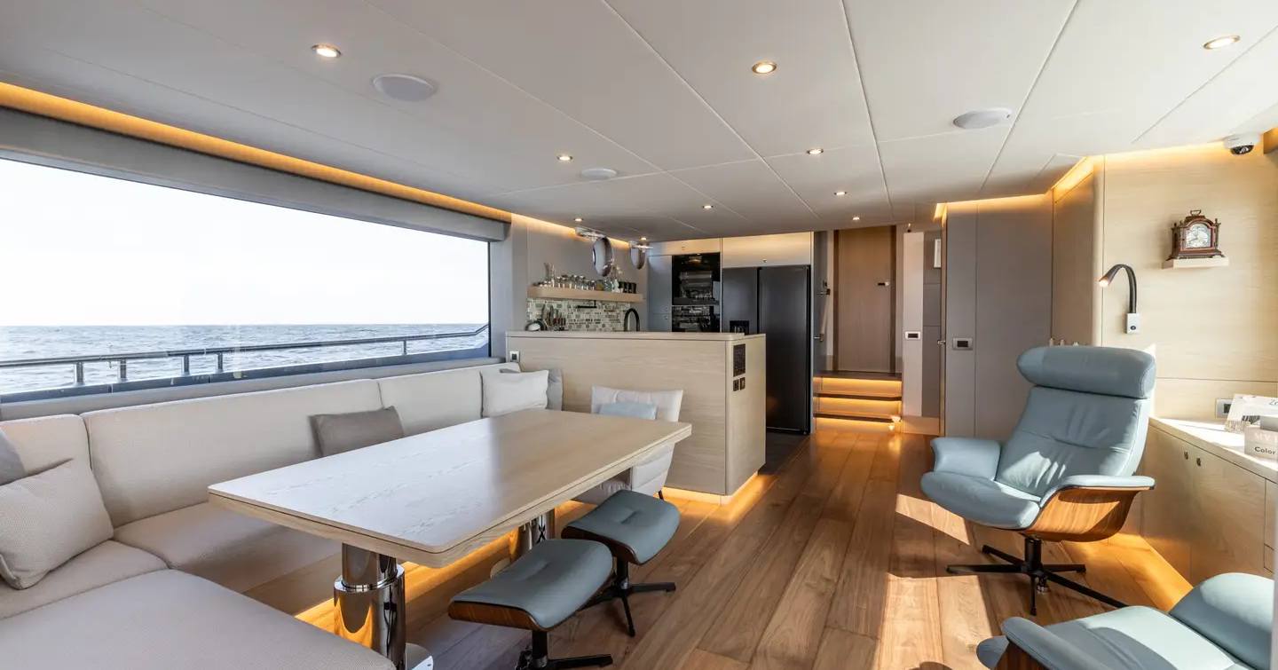 Steeler Ocean Explorer 72 yacht main saloon lounge and dining area 