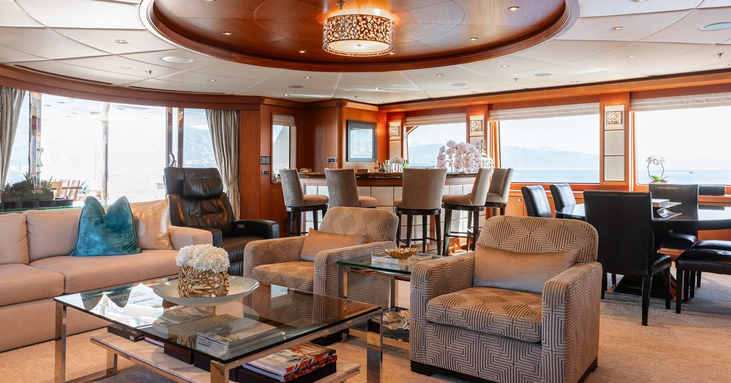 Superyacht Skyfall skylounge with curved bar area 
