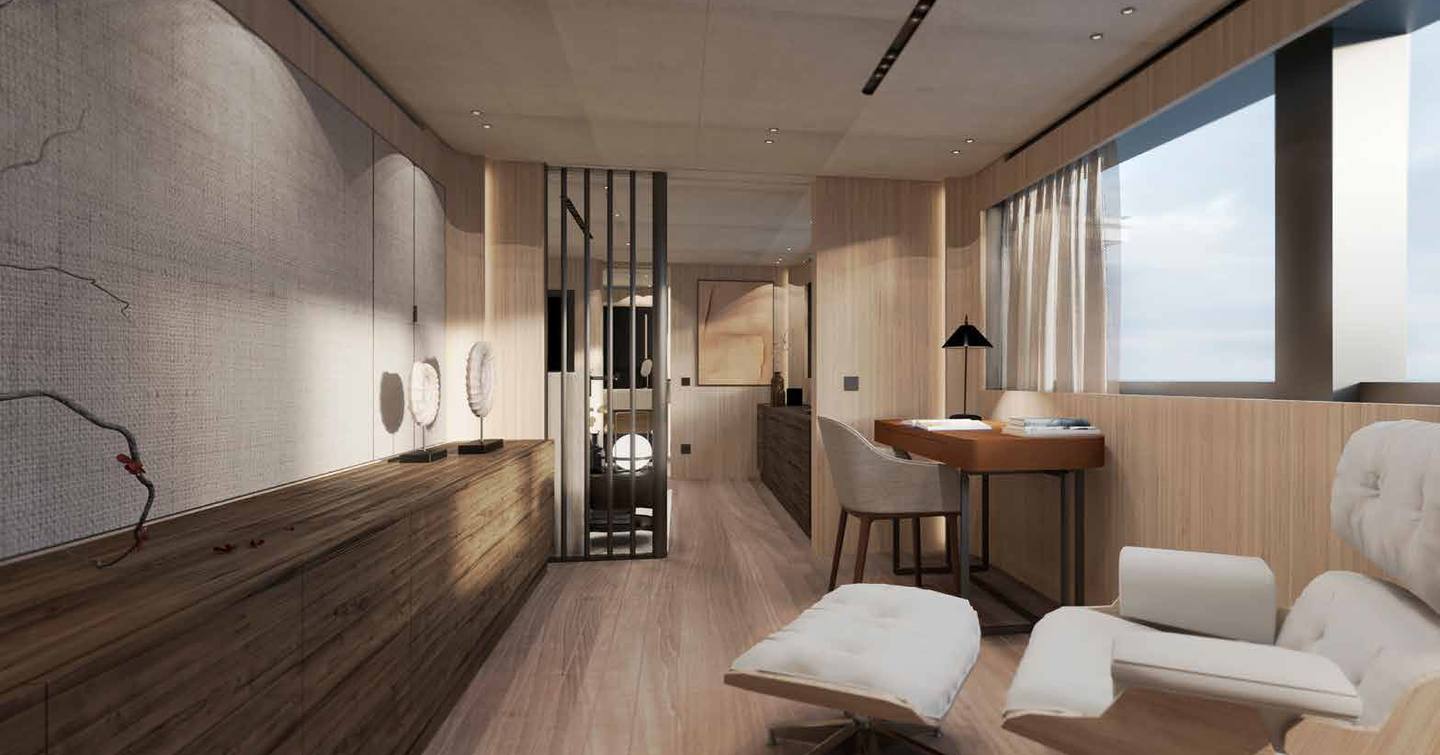 Rendering of Sanlorenzo SD132 motor yacht master cabin private study area 