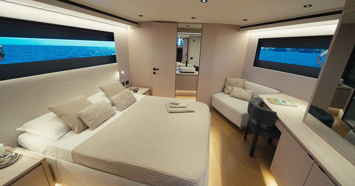 Pardo GT65 full-beam forward owner’s cabin with sofa and vanity