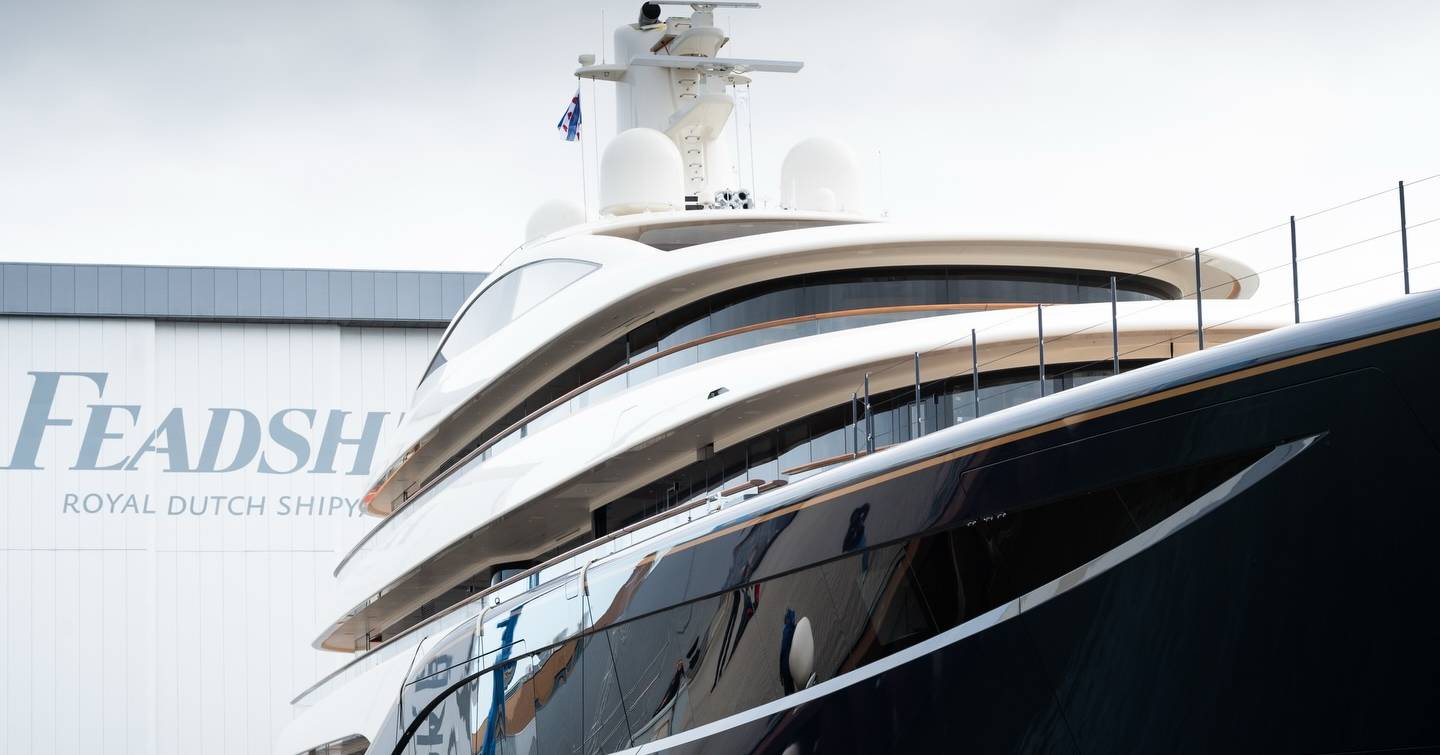 Feadship Superyacht Project 1014 upper decks in front of Feadship shipyard 