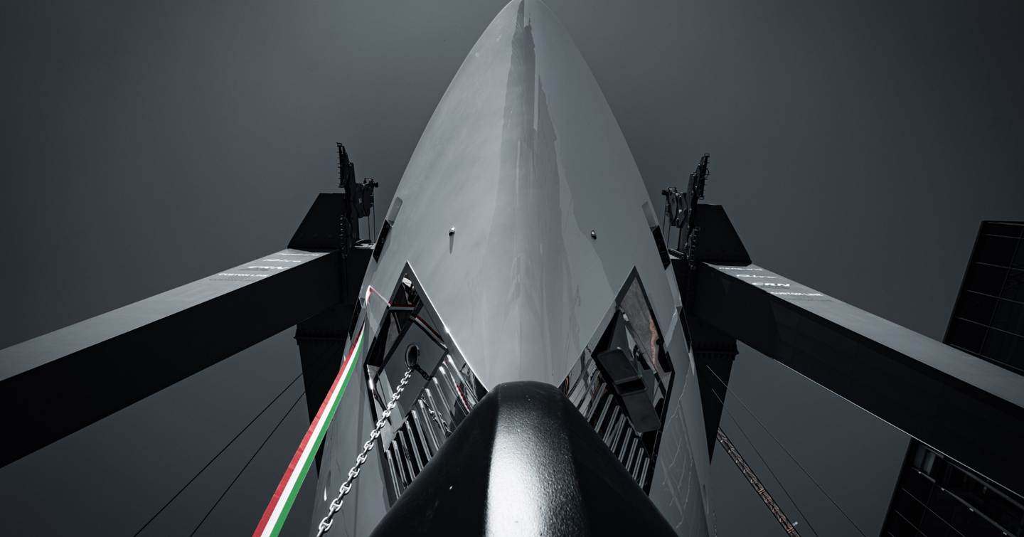 Close up of Third Custom Line Navetta 38 Motor Yacht bow at launch in black and white