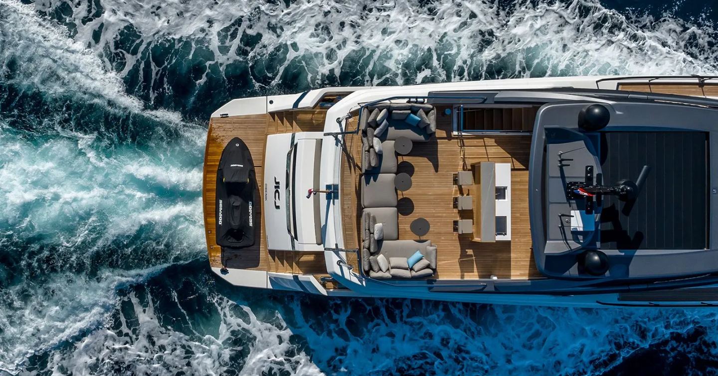 Aerial view of Motor Yacht JICJ stern while under way 