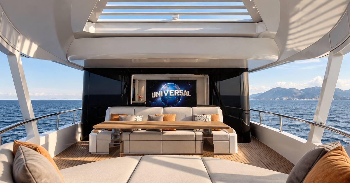 Rendering of Ferretti INFYNITO 100 Superyacht exterior seating with integrated sunpad and mounted TV
