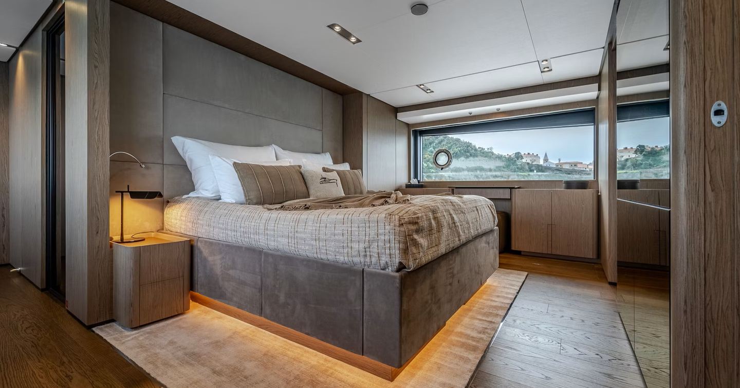 Ferretti motor yacht Isotta master cabin with large window 