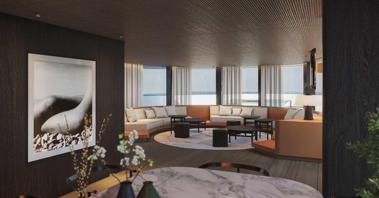 Rendering of Benetti B.Yond 57M superyacht main saloon with curved orange sofa