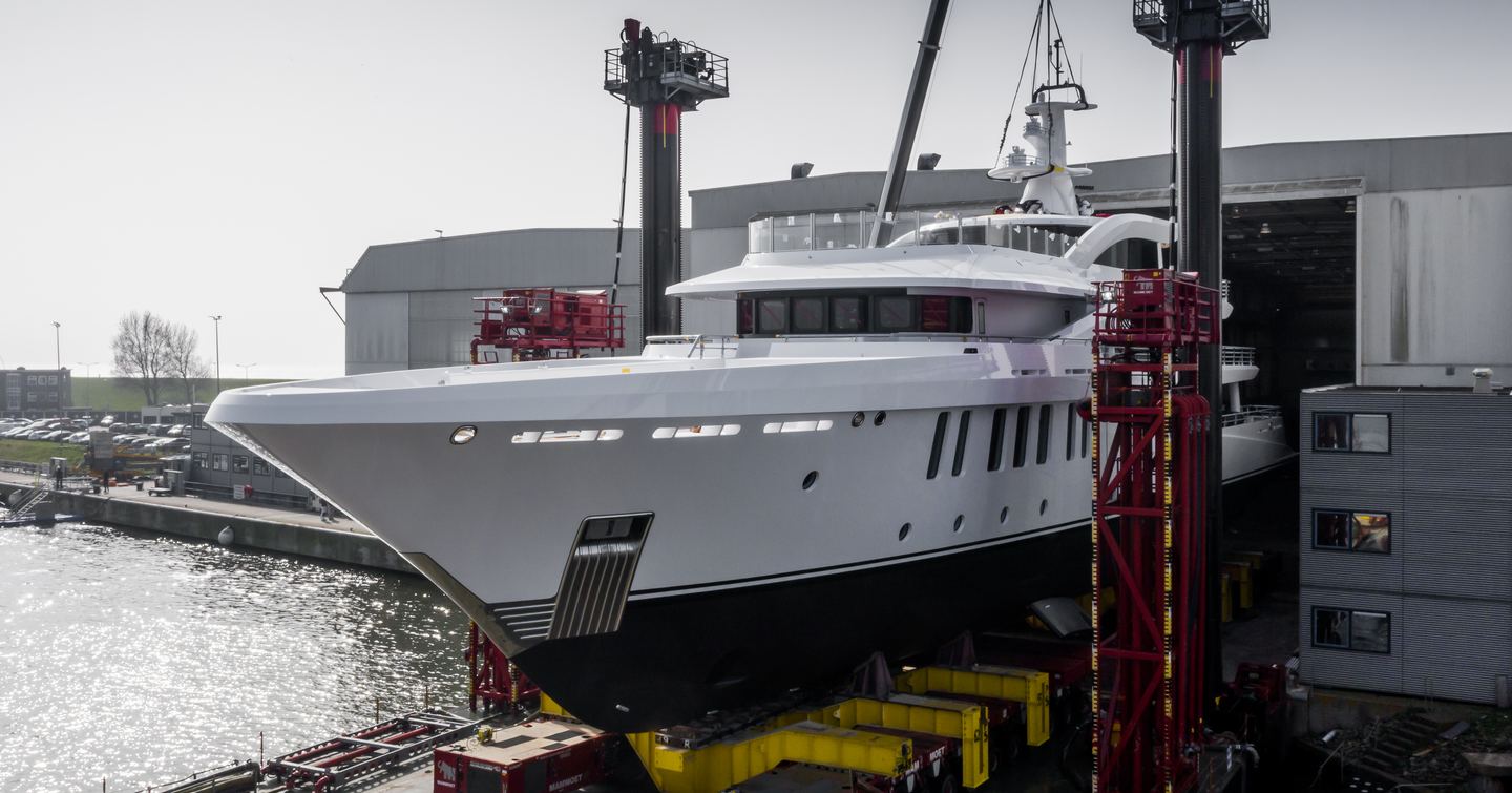 Amels 200 emerging from outfitting shed