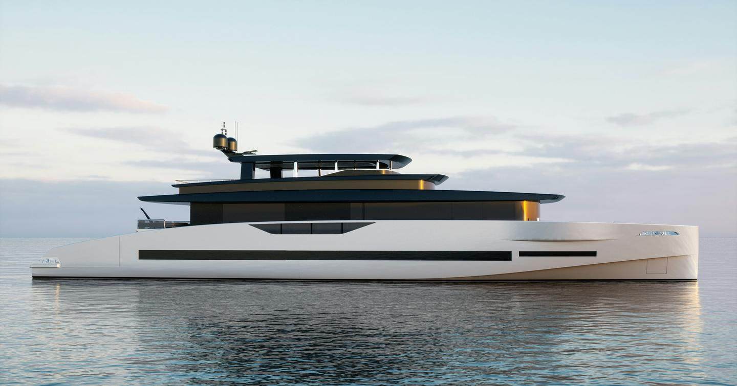Rendering of GX42 Superyacht at anchor on calm waters 
