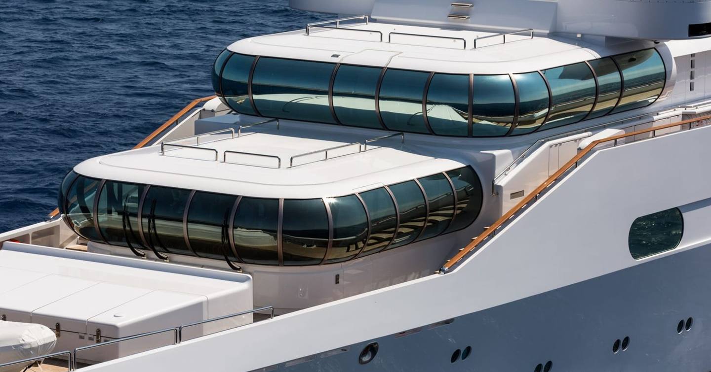 Blohm+Voss Superyacht Zeus upper decks with curved wraparound glass 