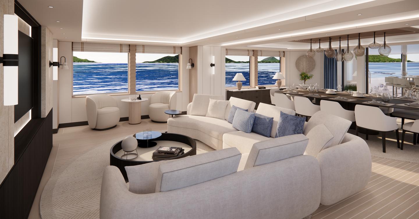 Rendering of superyacht Project Discovery main saloon with L-shaped white sofa and aft dining area 