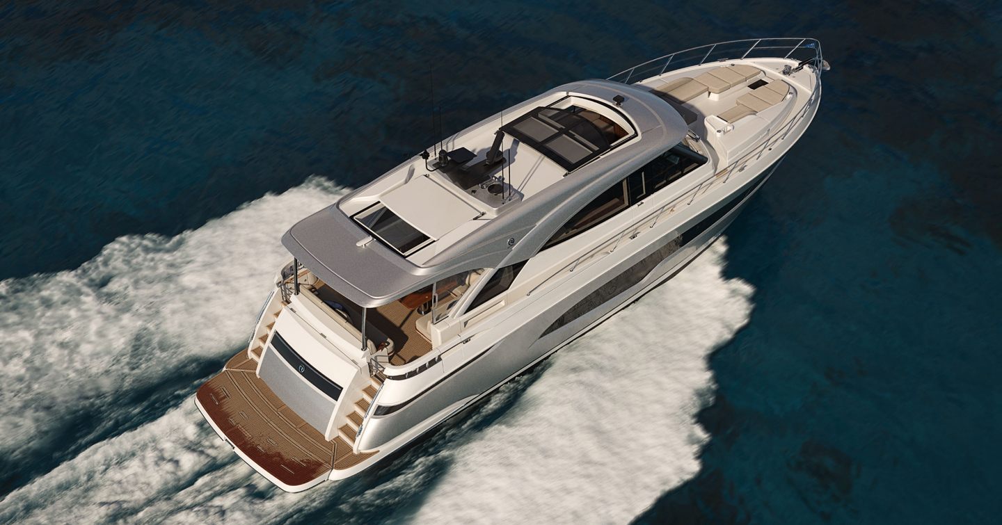 Riviera 6200 Sport Yacht Platinum Edition underway stern view  