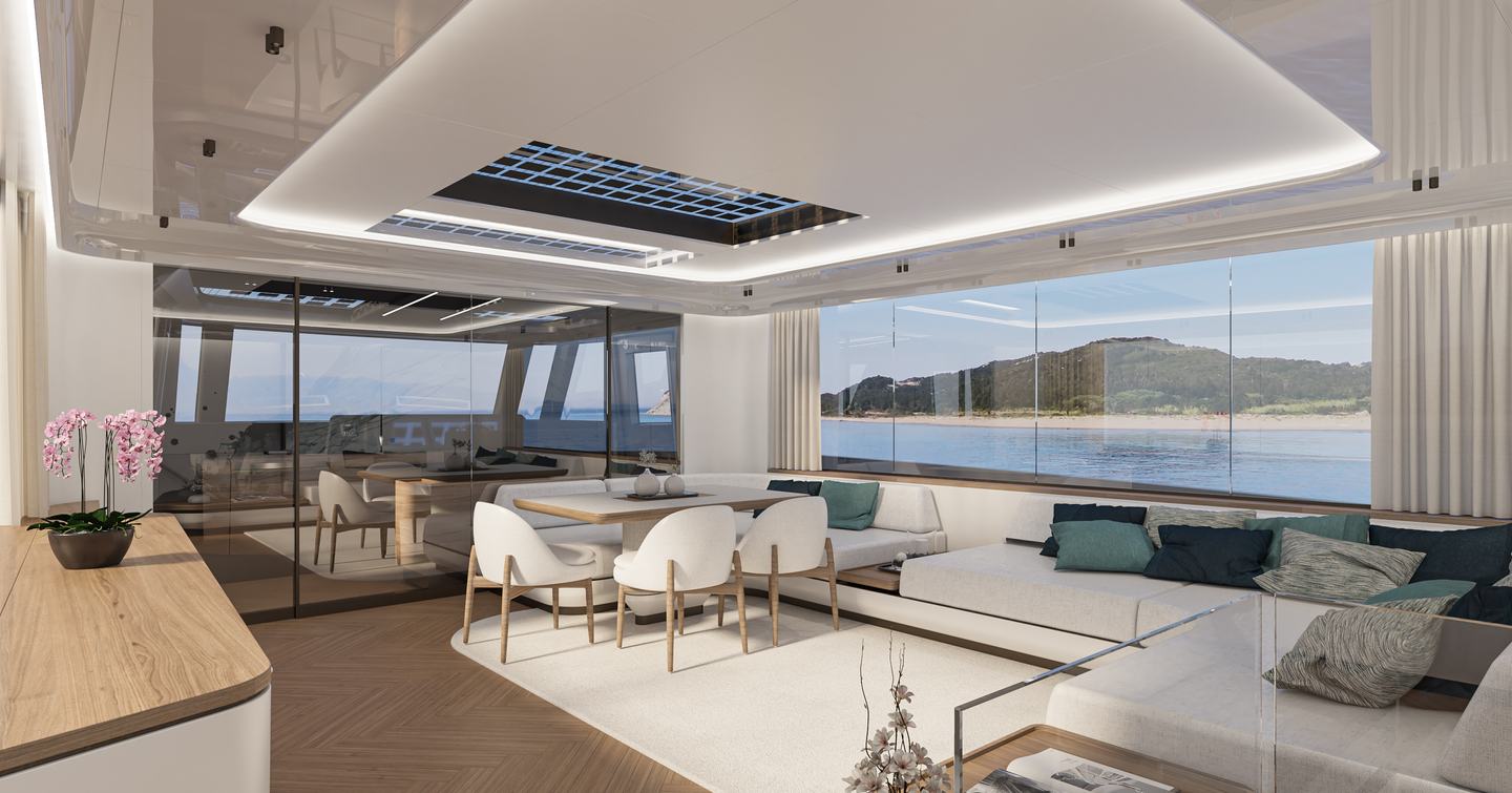 Rendering of second Extra X90 FAST motor yacht main saloon with white L-shaped sofa and aft dining area 