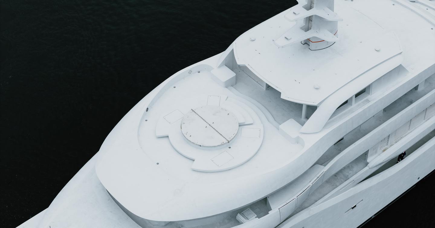 Close up of fifth Amels 80 superyacht upper decks at technical launch