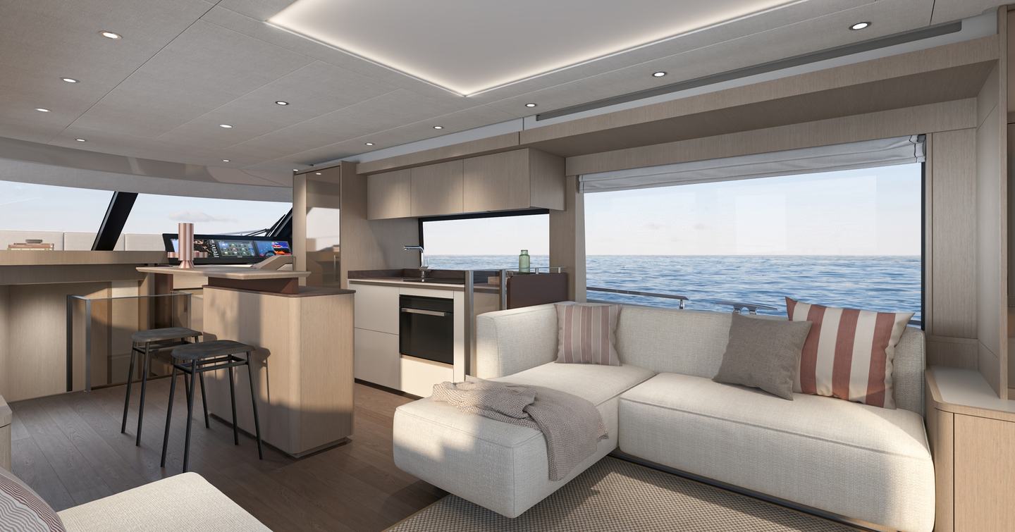 Rendering of Prestige F6.7 motor yacht main saloon with L-shaped sofa and galley