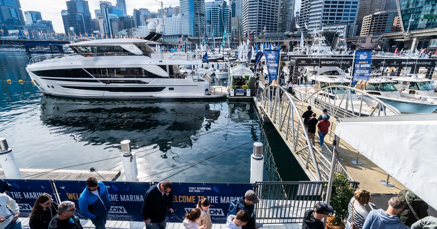 yachts at Sydney International On-Water Boat Show 2024 with Sydney skyline 