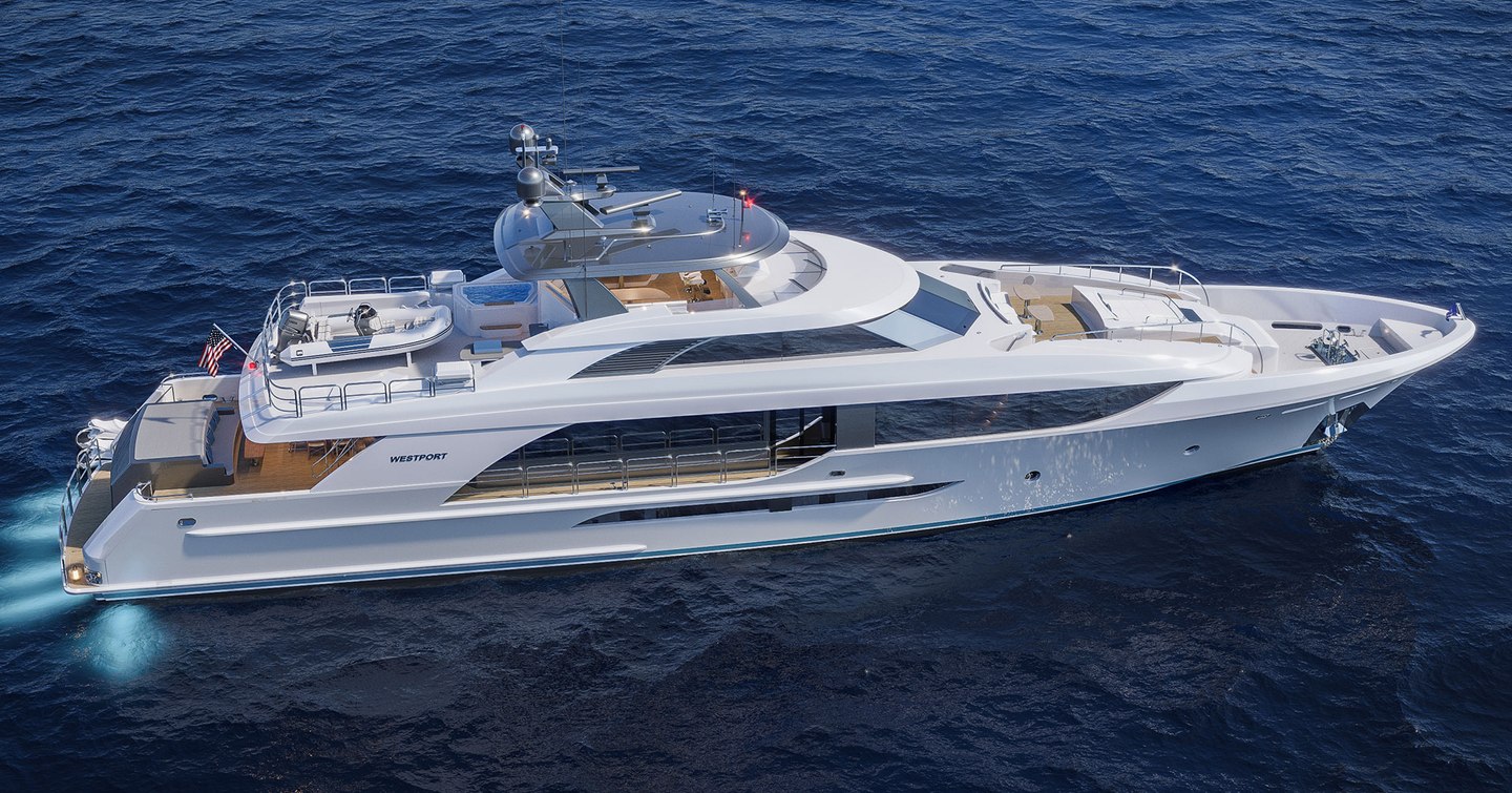 Rendering of Westport W135 superyacht at anchor 