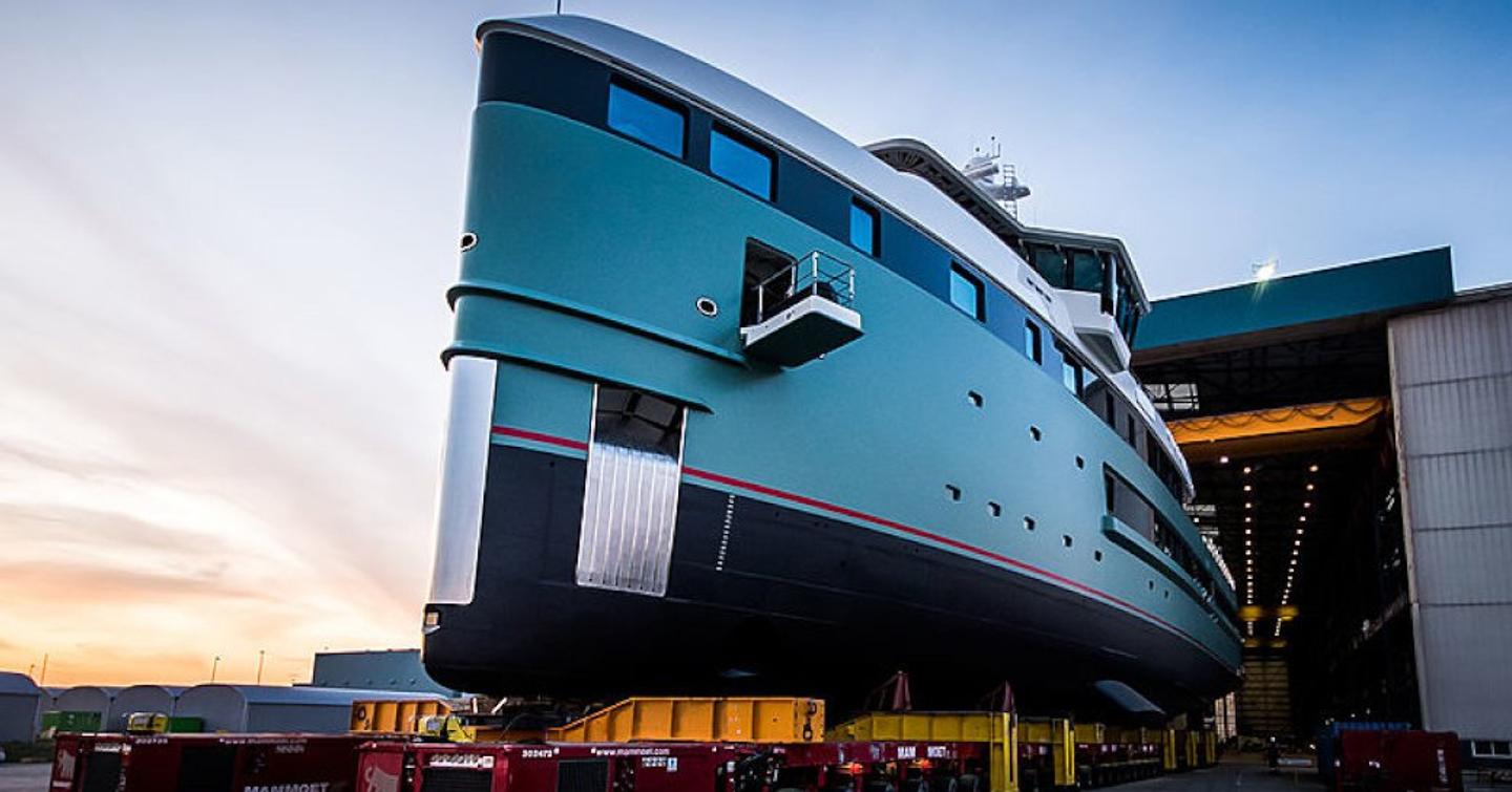 Frontal view of Damen SeaXplorer 62 ANAWA  leaving construction yard