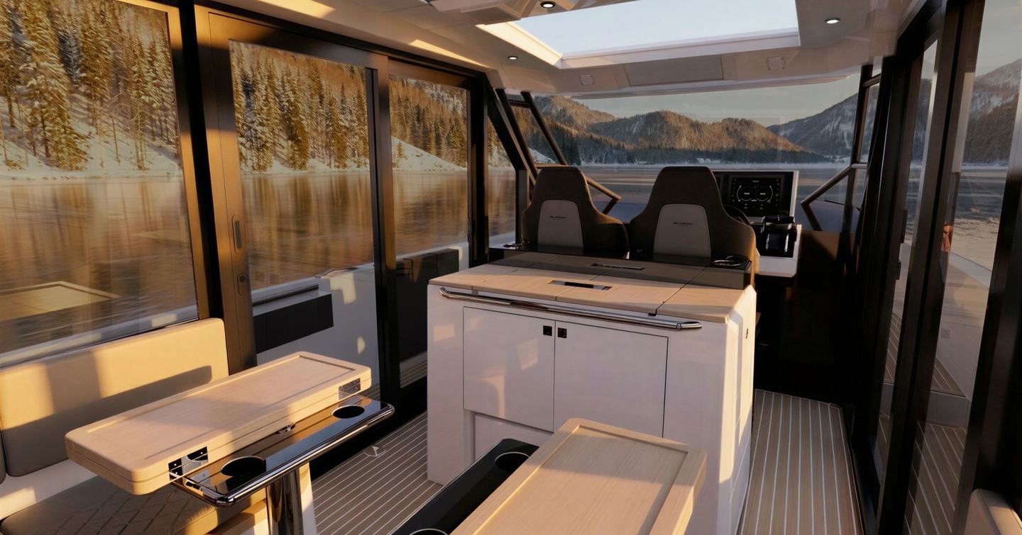 De Antonio D36 Cabin Boat enclosed helm with wooden seating