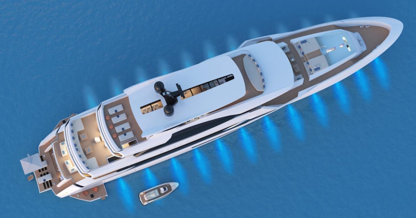Aerial rendering of Mangusta Oceano 60 superyacht 