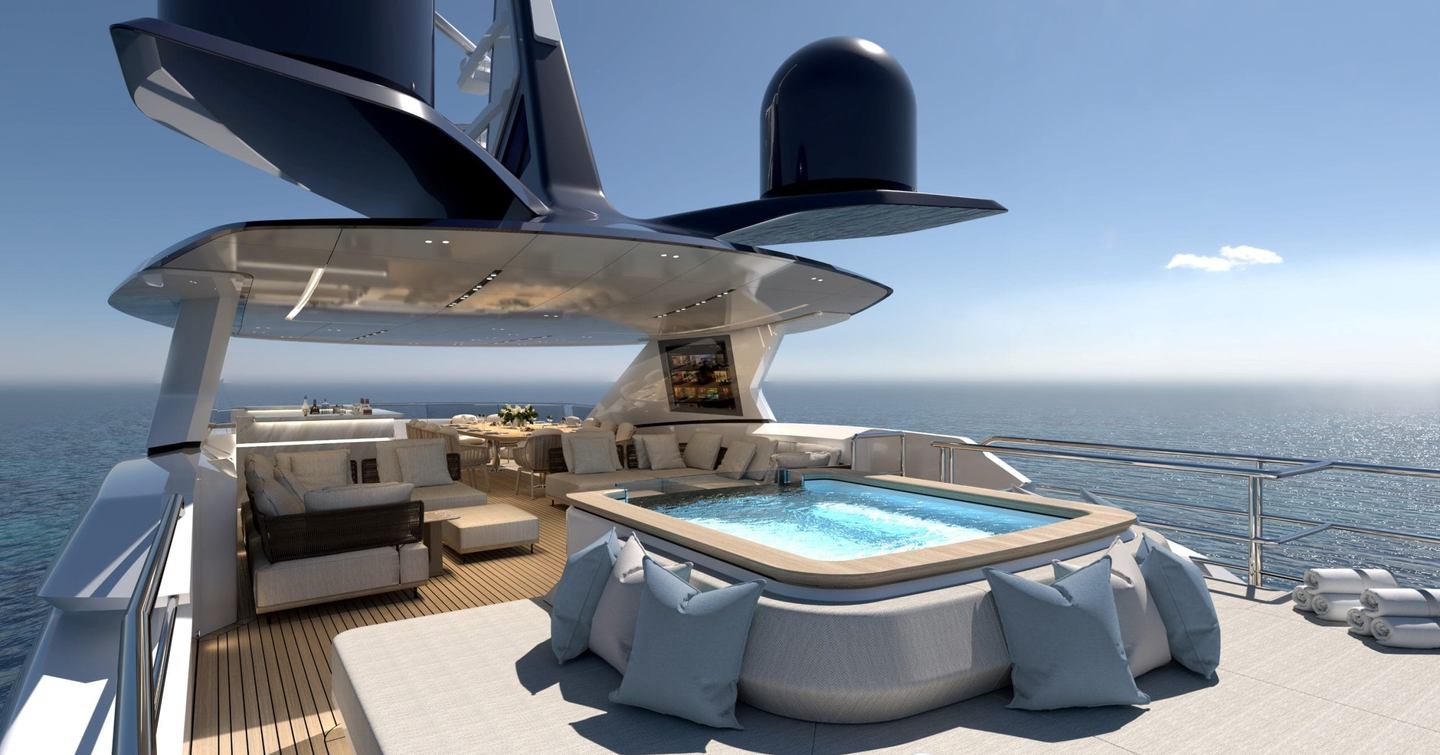 Rendering of Dearsan Superyacht Queen Yaz sundeck with jacuzzi and surrounding sunpads 